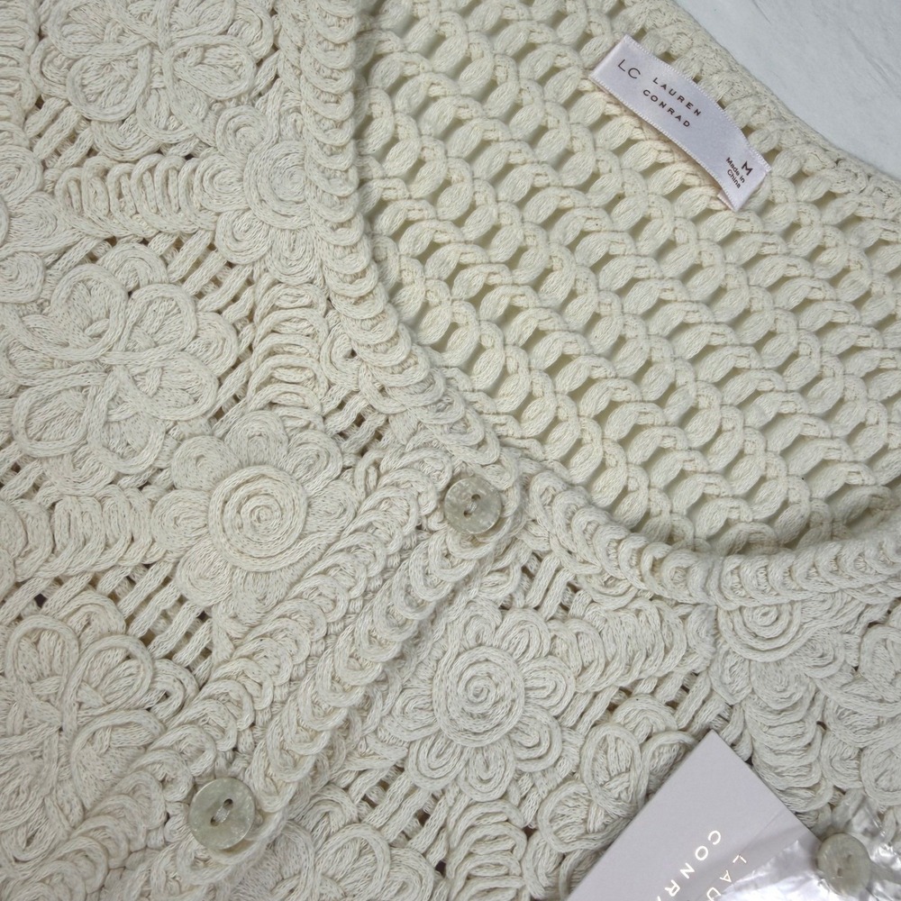 Lauren Conrad Crochet Vest Women M Cream Floral Sleeveless Button Front NWT
